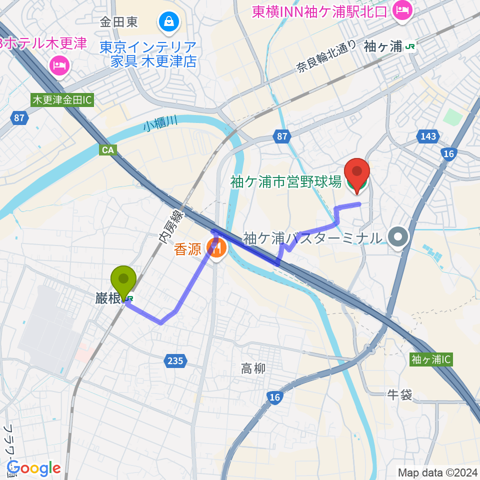 巌根駅から袖ケ浦市営野球場へのルートマップ地図