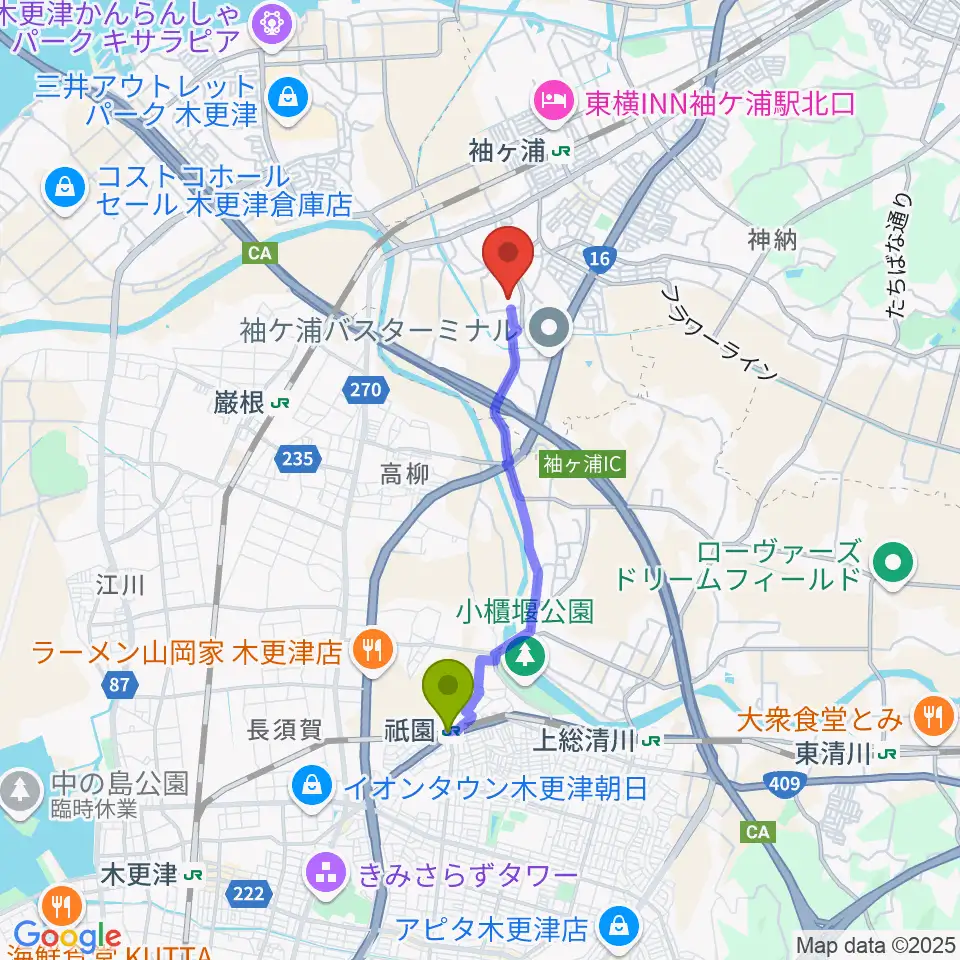 祇園駅から袖ケ浦市営野球場へのルートマップ地図