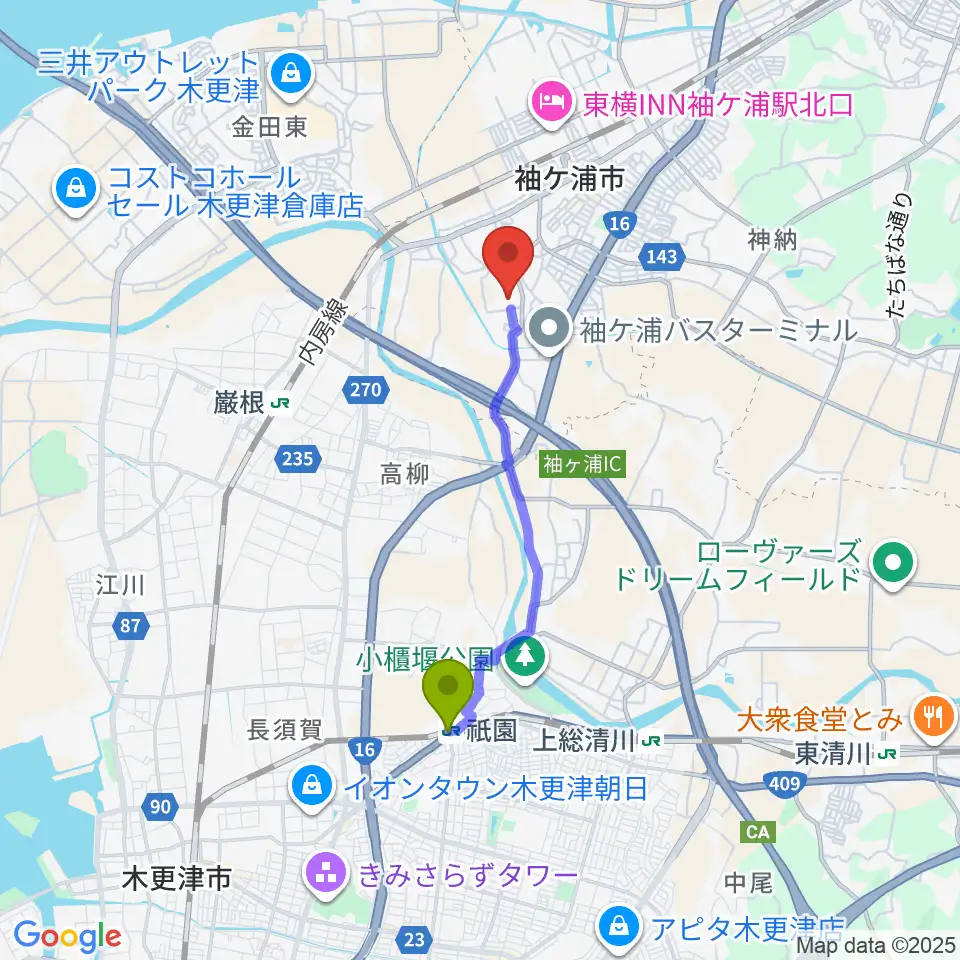 祇園駅からADEKA袖ケ浦球場へのルートマップ地図