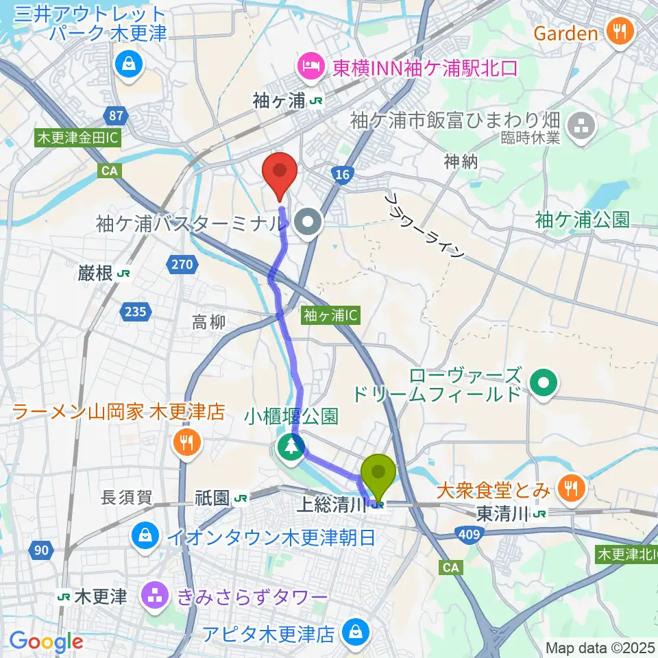 上総清川駅から袖ケ浦市営野球場へのルートマップ地図