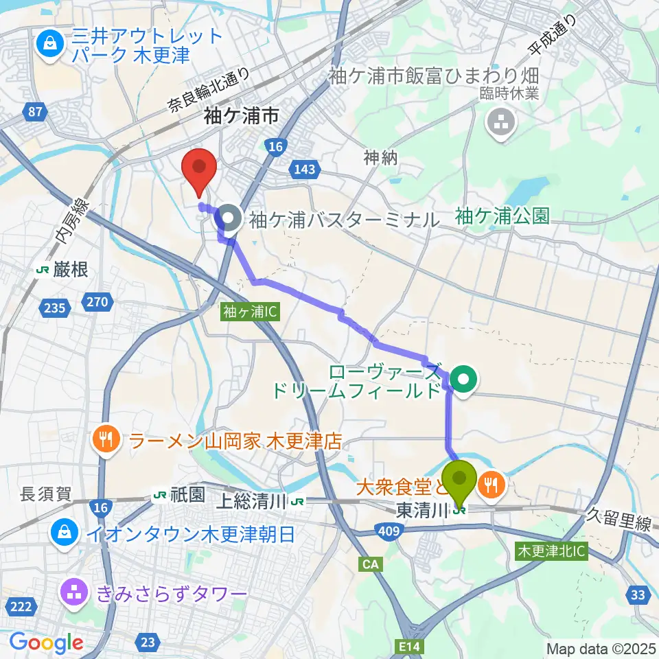 東清川駅から袖ケ浦市営野球場へのルートマップ地図