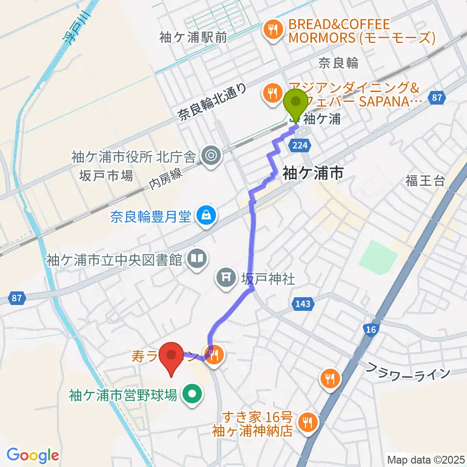 袖ケ浦市総合運動場陸上競技場の最寄駅袖ケ浦駅からの徒歩ルート（約19分）地図