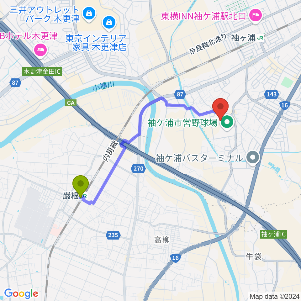 巌根駅から袖ケ浦市総合運動場陸上競技場へのルートマップ地図