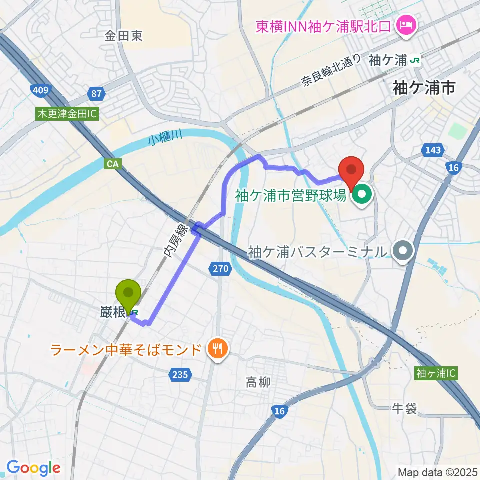 巌根駅から袖ケ浦市総合運動場陸上競技場へのルートマップ地図