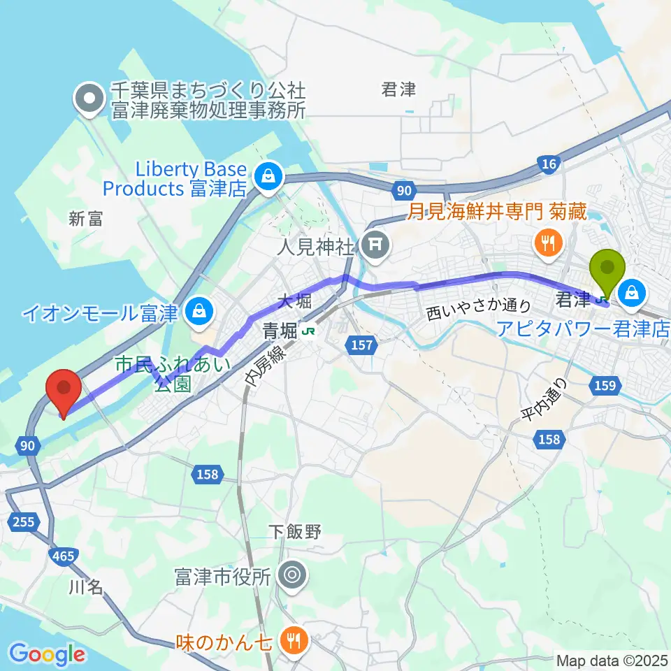 君津駅から富津市総合社会体育館へのルートマップ地図