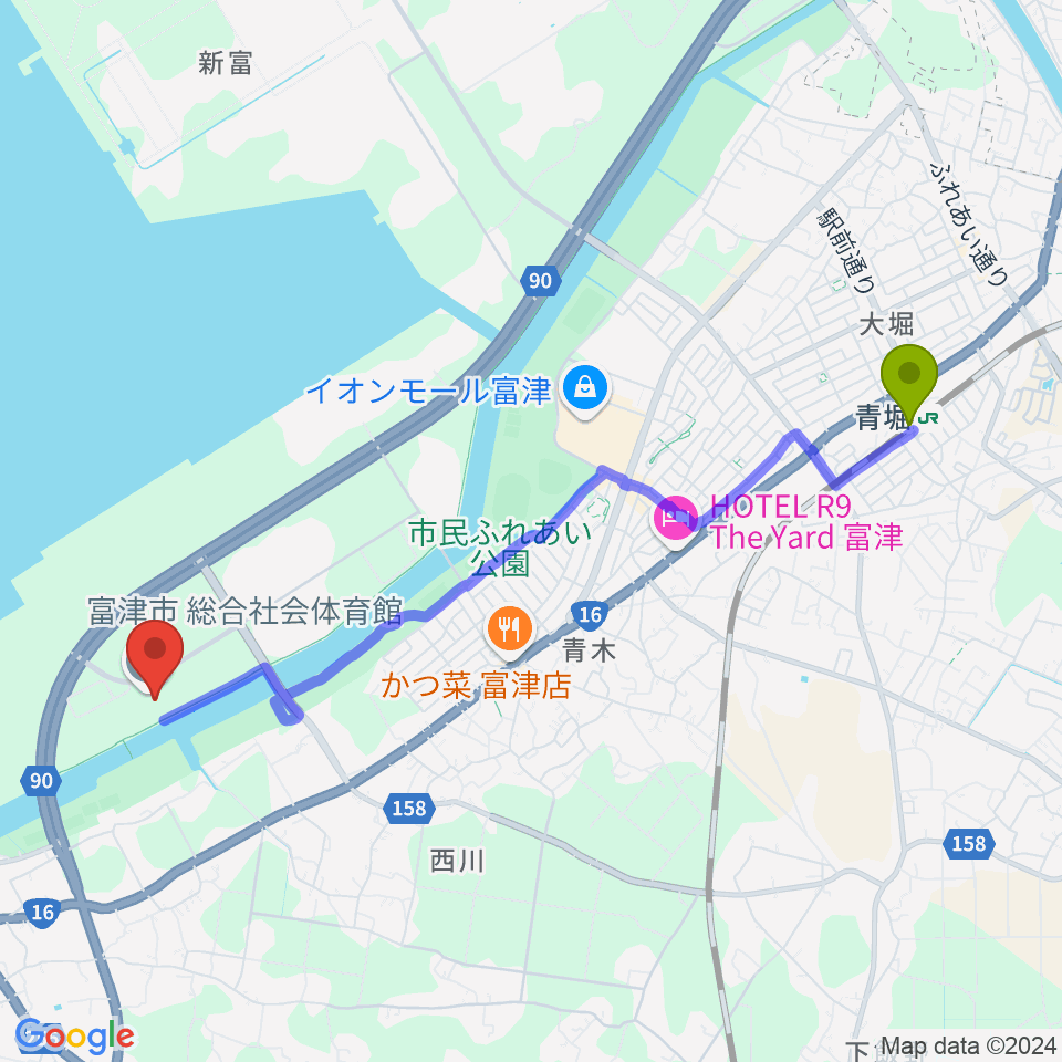 富津市総合社会体育館の最寄駅青堀駅からの徒歩ルート（約47分）地図