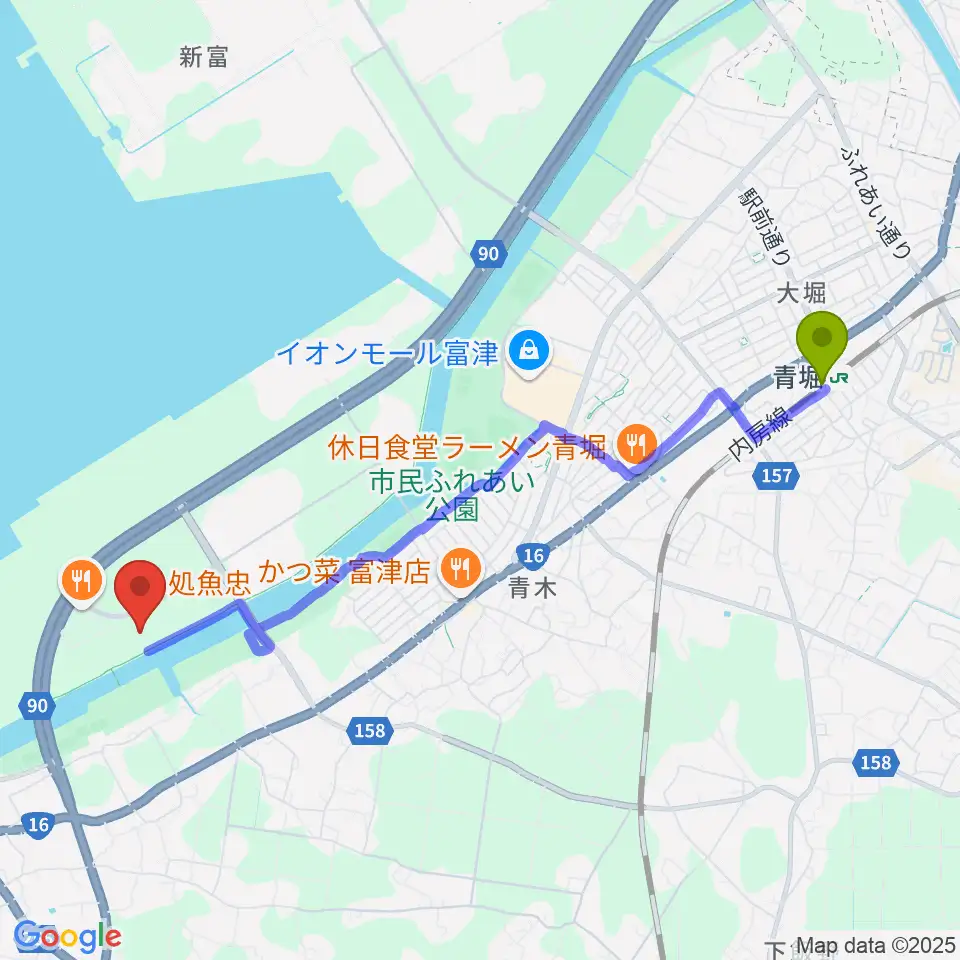 富津市総合社会体育館の最寄駅青堀駅からの徒歩ルート（約47分）地図