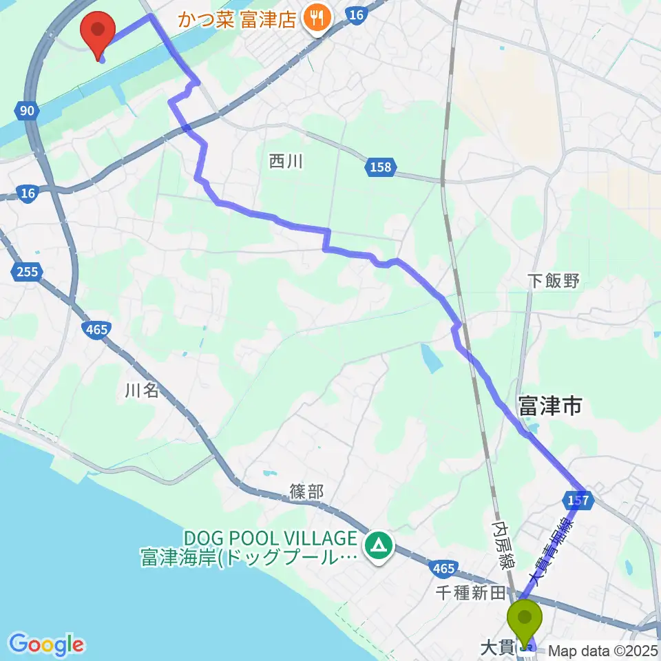 大貫駅から富津市総合社会体育館へのルートマップ地図