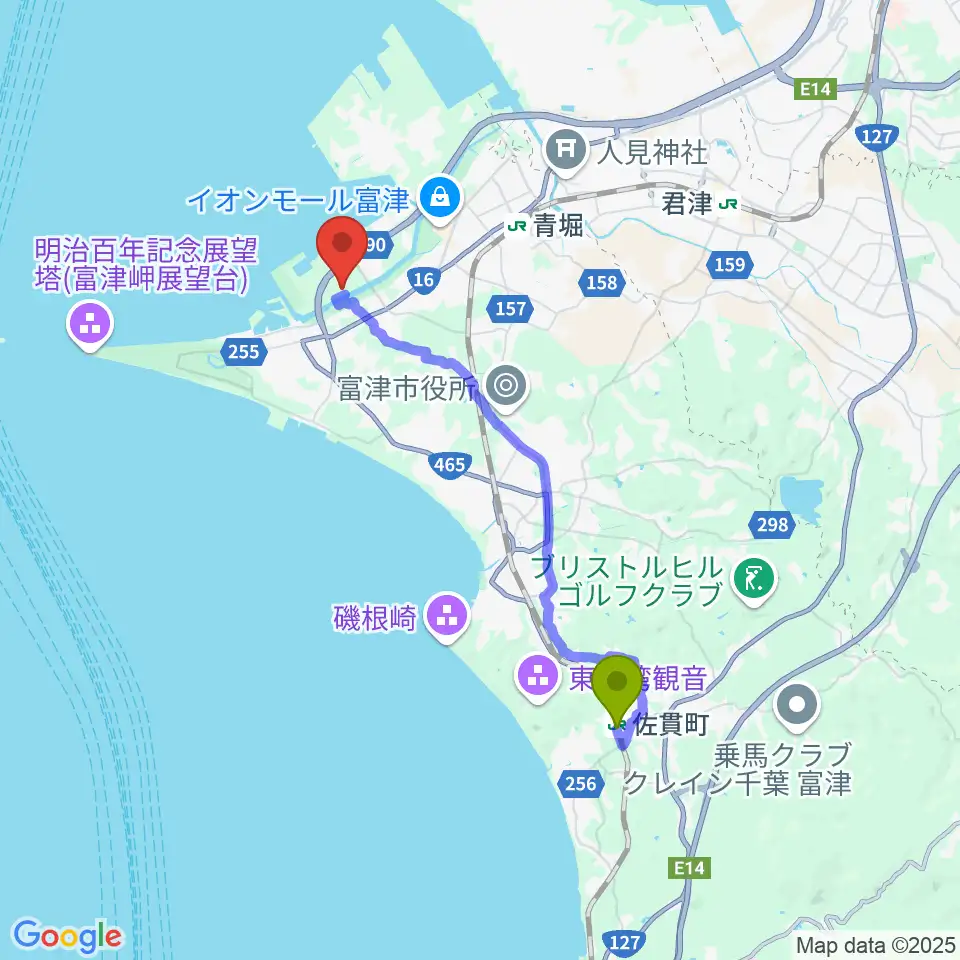 佐貫町駅から富津市総合社会体育館へのルートマップ地図