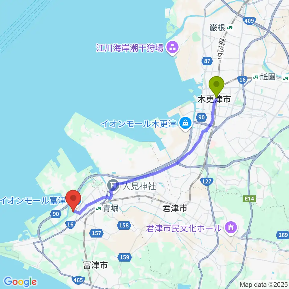 木更津駅からNIPPON STEEL 野球場へのルートマップ地図