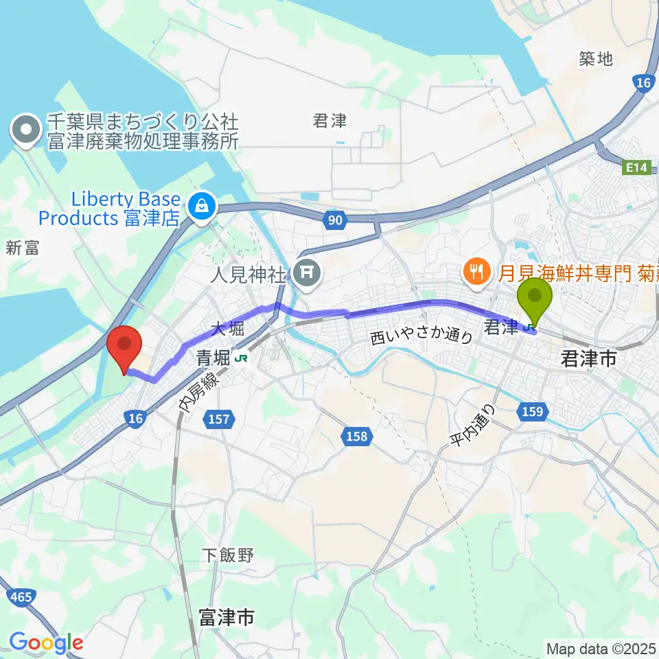 君津駅からNIPPON STEEL 野球場へのルートマップ地図