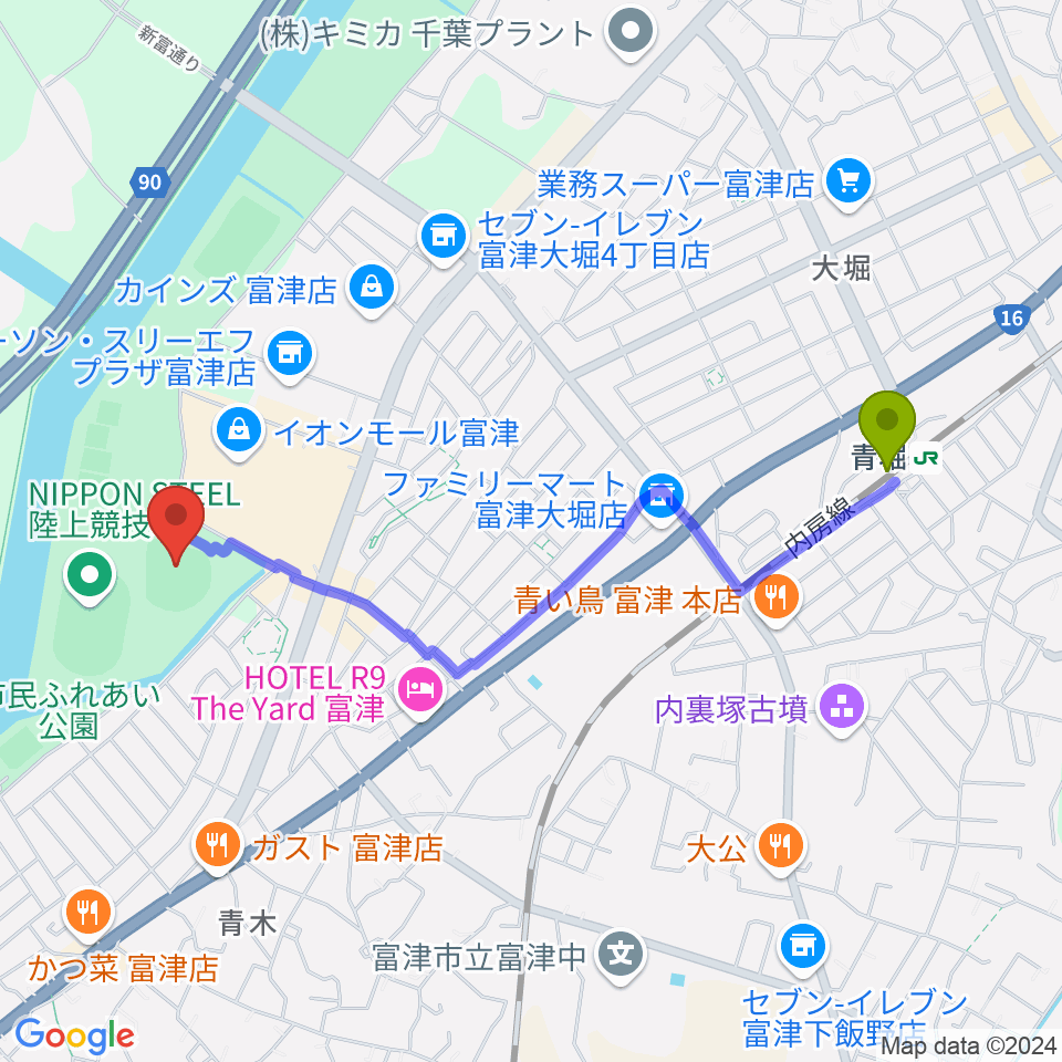 NIPPON STEEL 野球場の最寄駅青堀駅からの徒歩ルート（約21分）地図