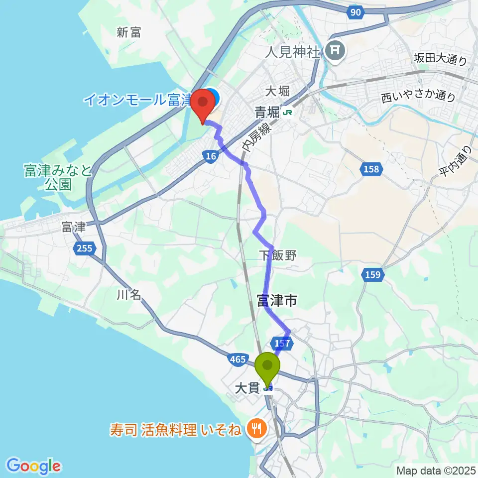 大貫駅からNIPPON STEEL 野球場へのルートマップ地図