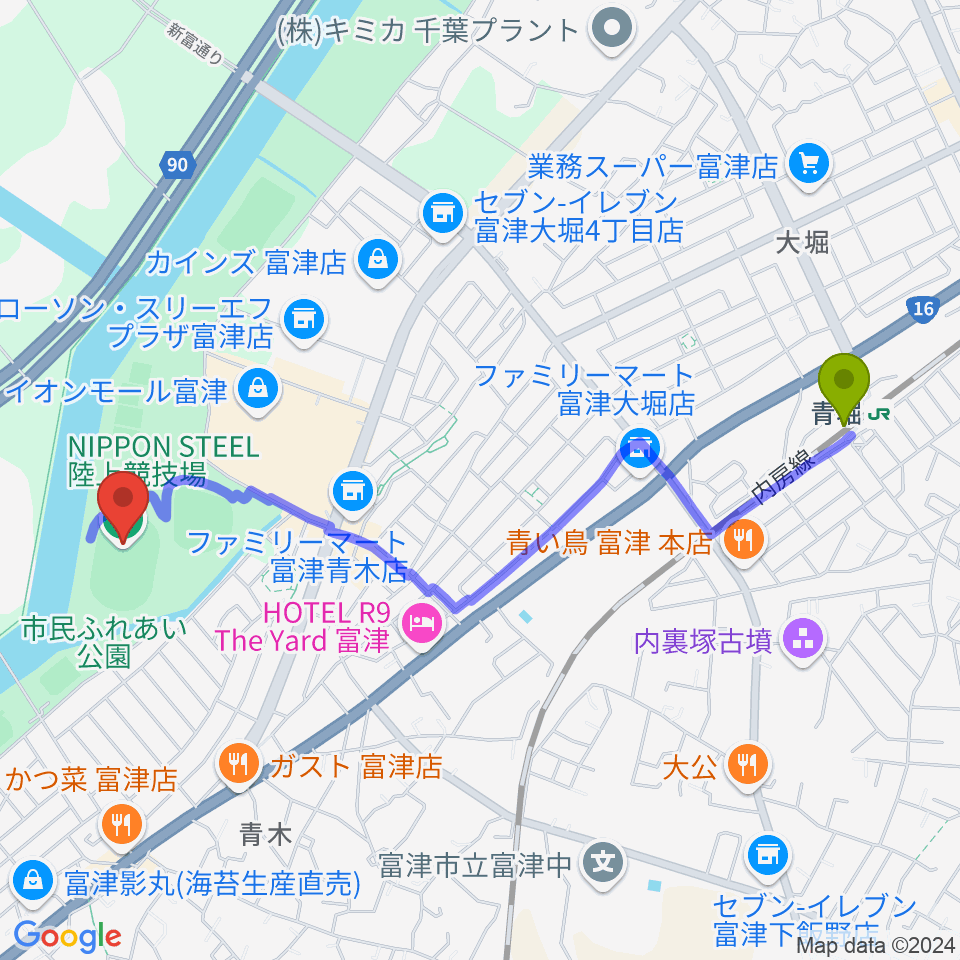 NIPPON STEEL 陸上競技場の最寄駅青堀駅からの徒歩ルート（約24分）地図