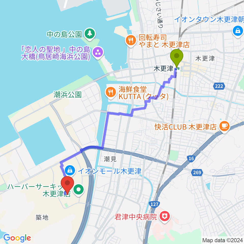 USシネマ木更津の最寄駅木更津駅からの徒歩ルート（約43分）地図