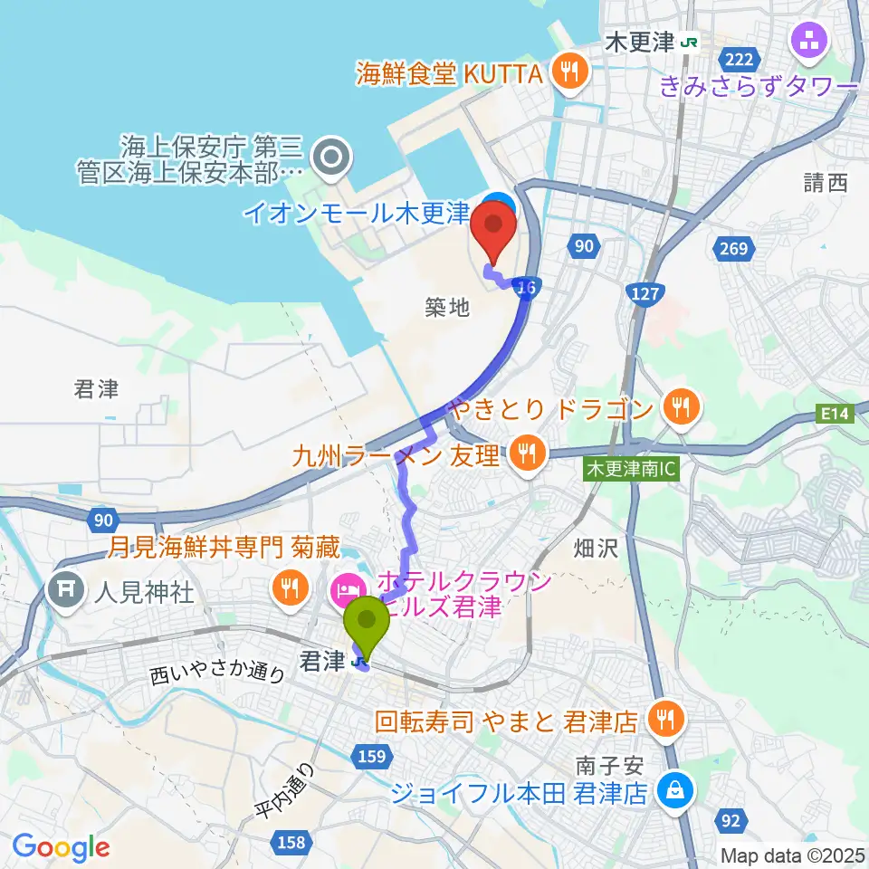 君津駅からUSシネマ木更津へのルートマップ地図