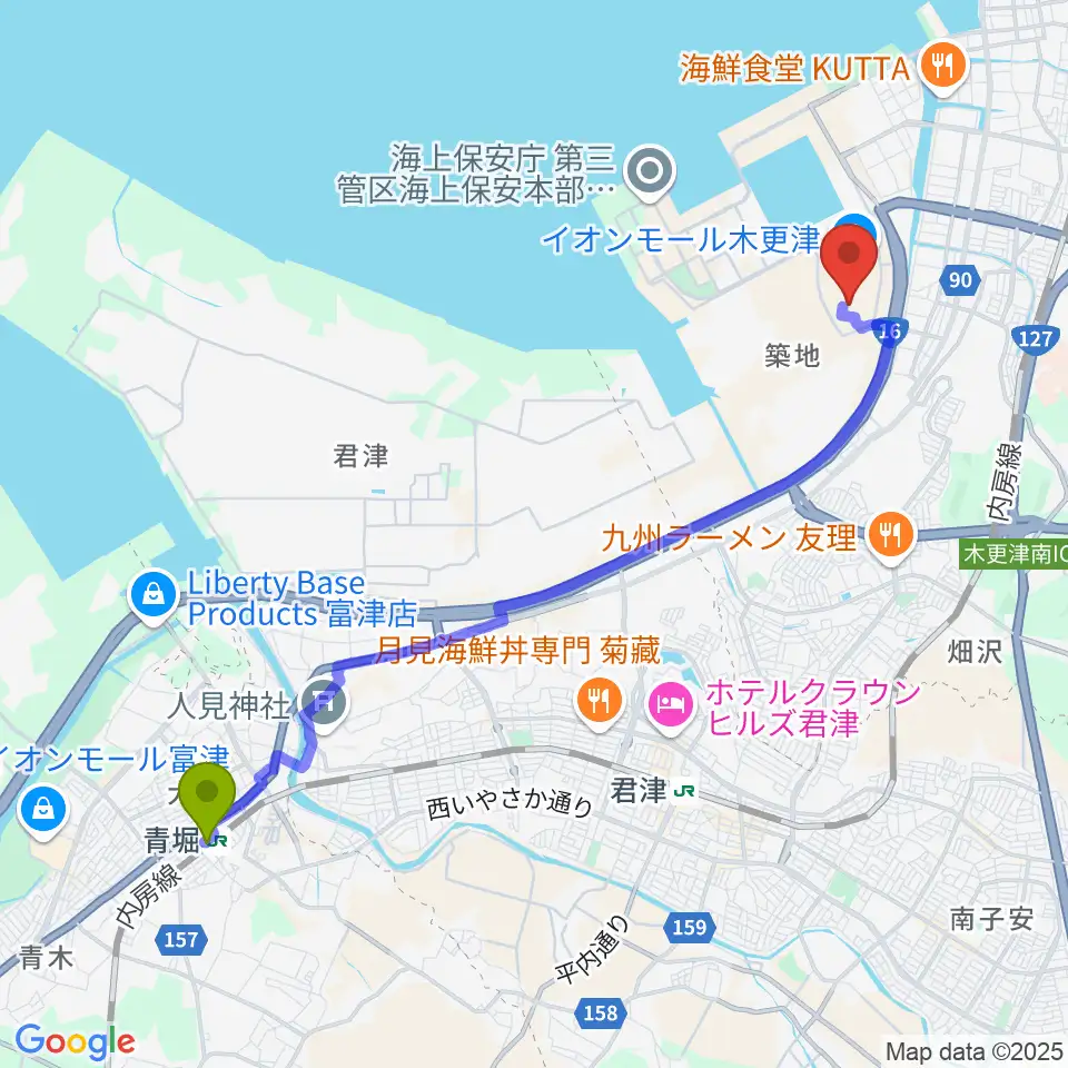 青堀駅からUSシネマ木更津へのルートマップ地図
