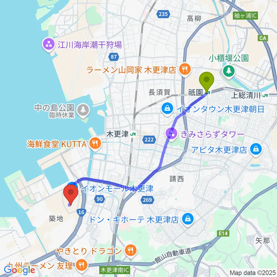 祇園駅からUSシネマ木更津へのルートマップ地図