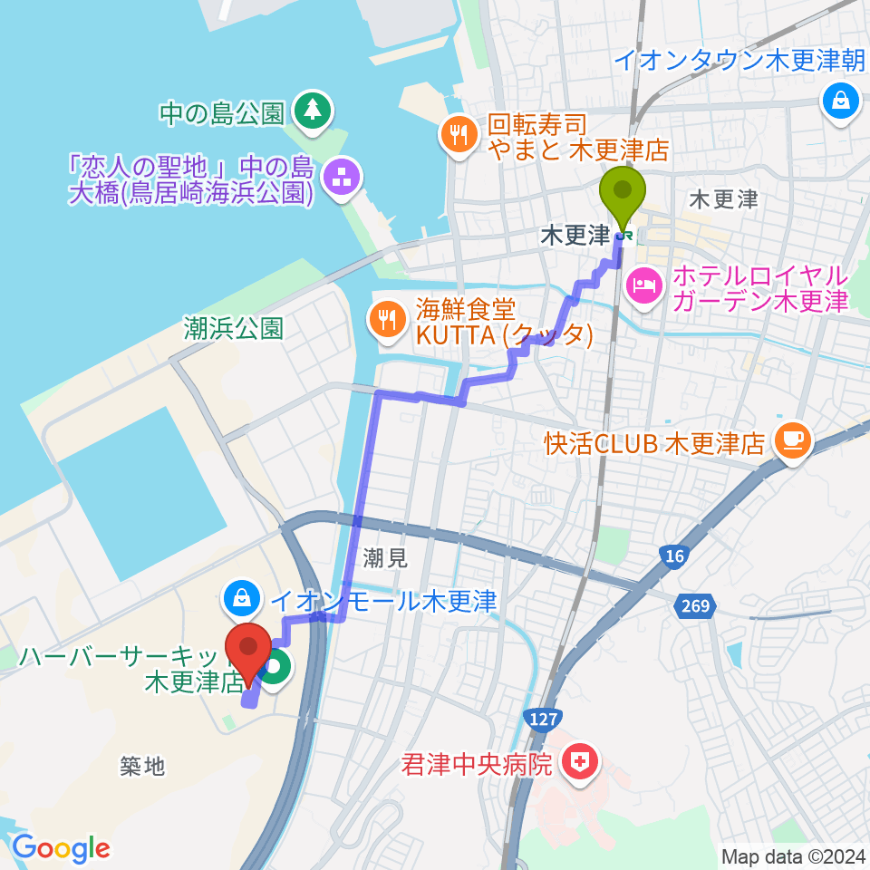 新星堂 イオンモール木更津店の最寄駅木更津駅からの徒歩ルート（約42分）地図