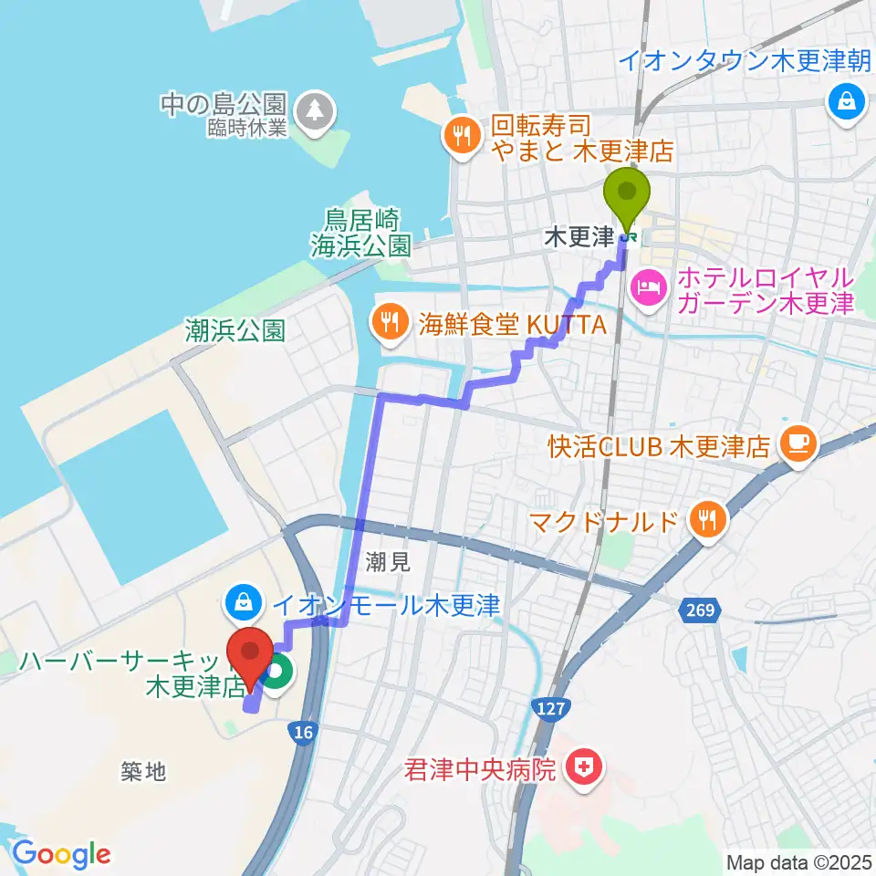 新星堂 イオンモール木更津店の最寄駅木更津駅からの徒歩ルート（約42分）地図