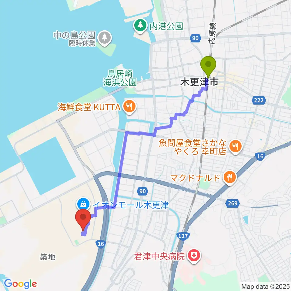 新星堂 イオンモール木更津店の最寄駅木更津駅からの徒歩ルート（約42分）地図