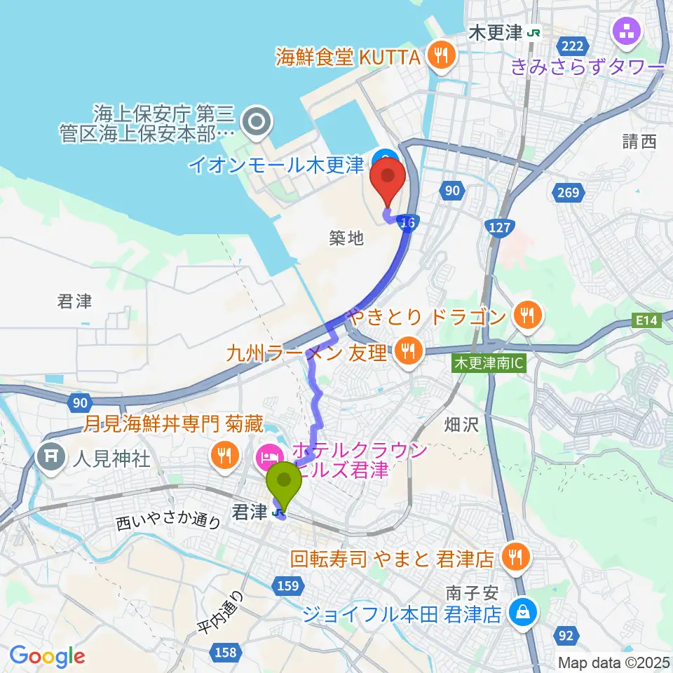 君津駅から新星堂 イオンモール木更津店へのルートマップ地図