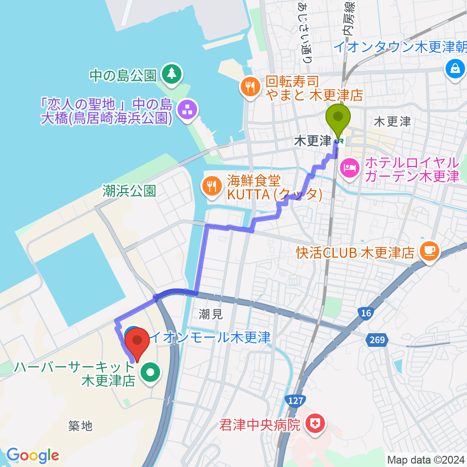 コンドー楽器ミュージックサロンの最寄駅木更津駅からの徒歩ルート（約40分）地図