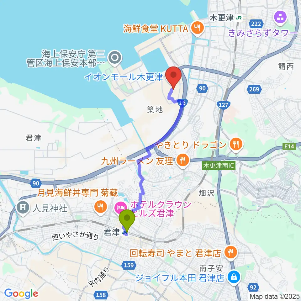 君津駅からコンドー楽器ミュージックサロンへのルートマップ地図