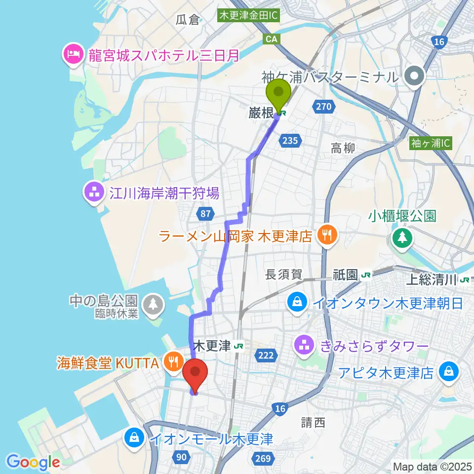 巌根駅から木更津市民体育館へのルートマップ地図