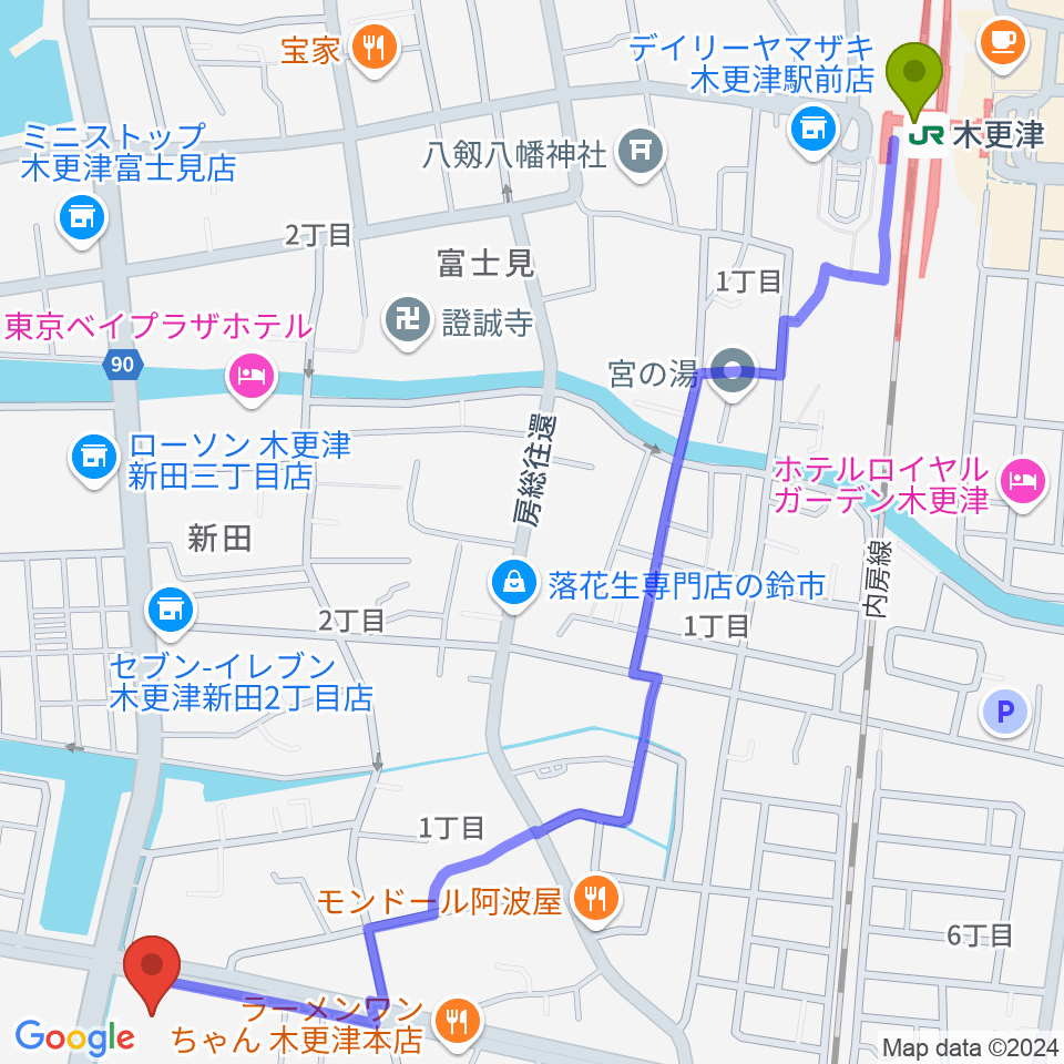 木更津市民体育館の最寄駅木更津駅からの徒歩ルート（約17分）地図