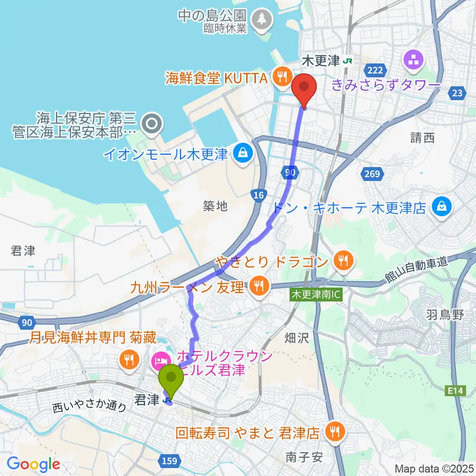 君津駅から木更津市民体育館へのルートマップ地図