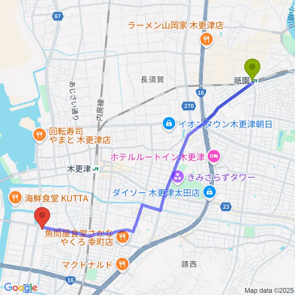 祇園駅から木更津市民体育館へのルートマップ地図