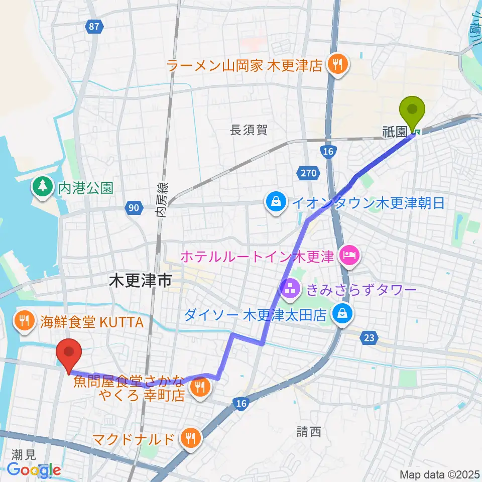 祇園駅から木更津市民体育館へのルートマップ地図