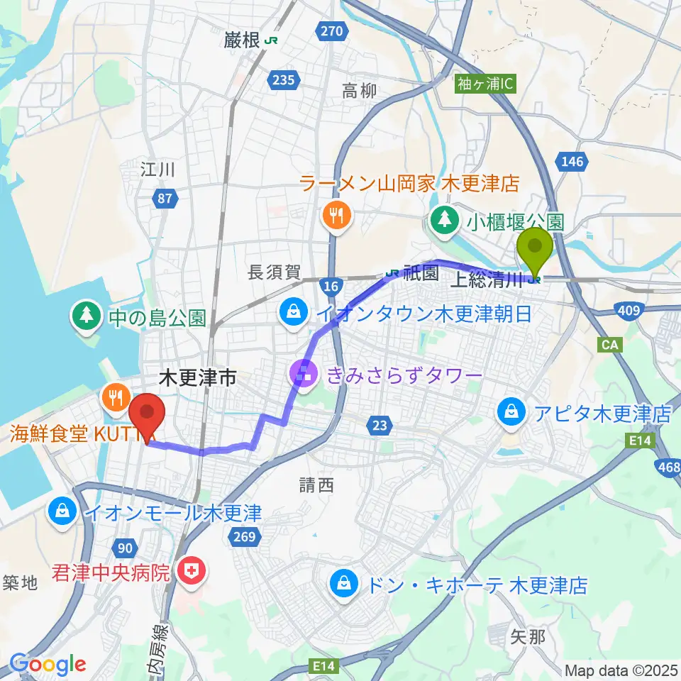 上総清川駅から木更津市民体育館へのルートマップ地図