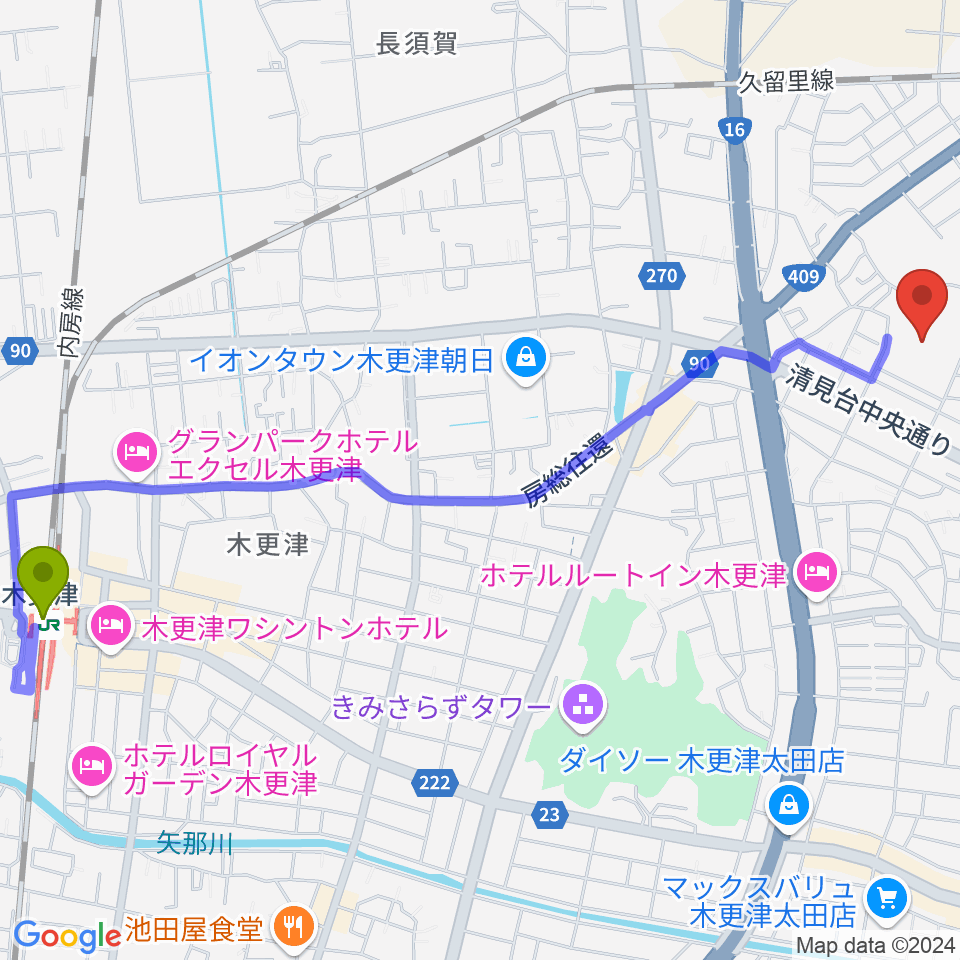 木更津駅から木更市営野球場へのルートマップ地図