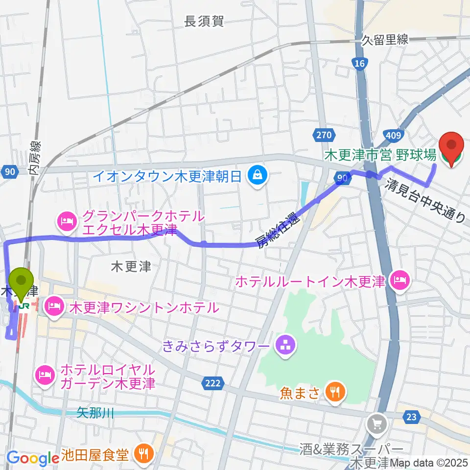 木更津駅から木更市営野球場へのルートマップ地図