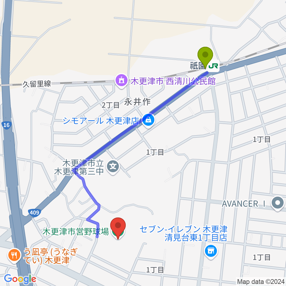 木更市営野球場の最寄駅祇園駅からの徒歩ルート（約10分）地図