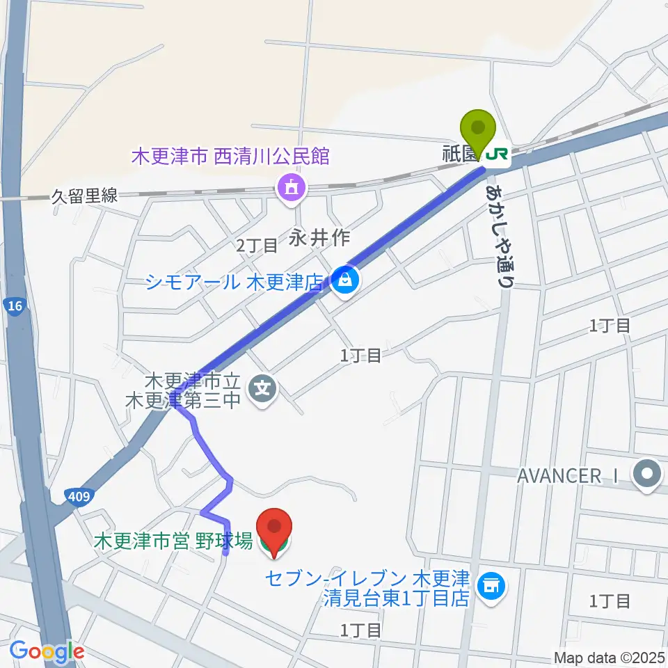 木更市営野球場の最寄駅祇園駅からの徒歩ルート（約10分）地図
