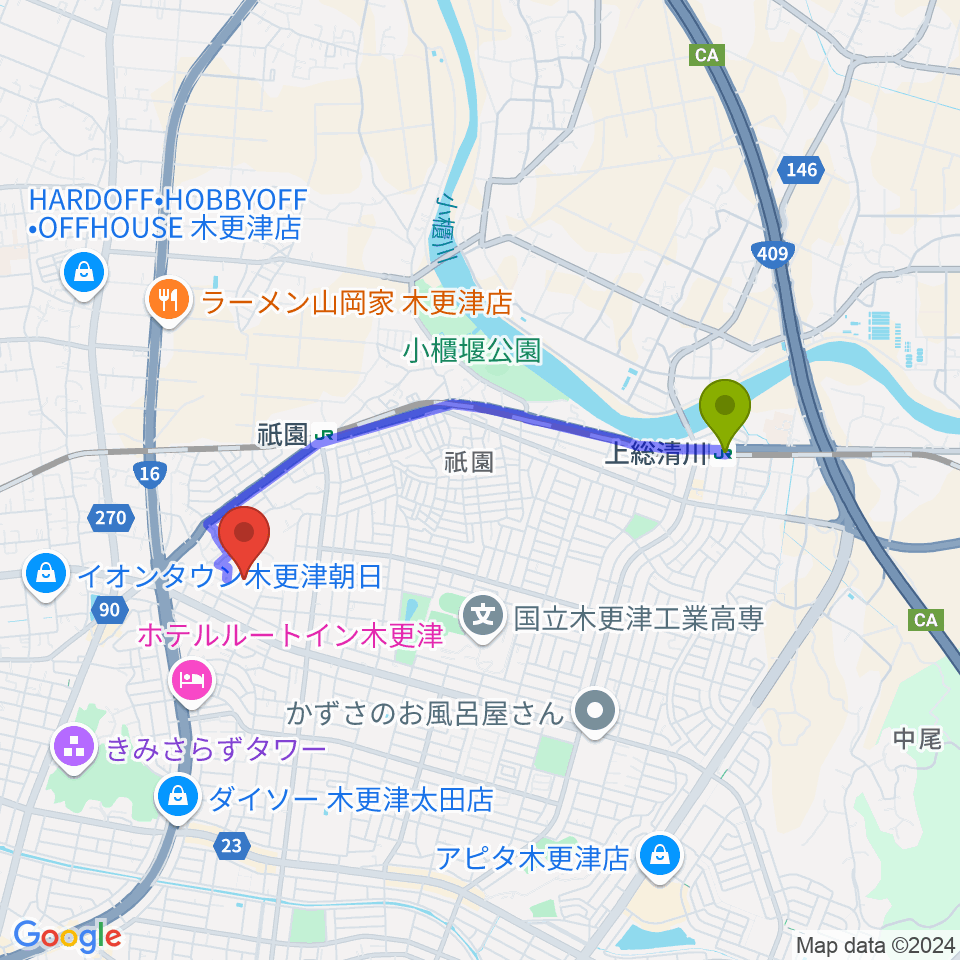 上総清川駅から木更市営野球場へのルートマップ地図