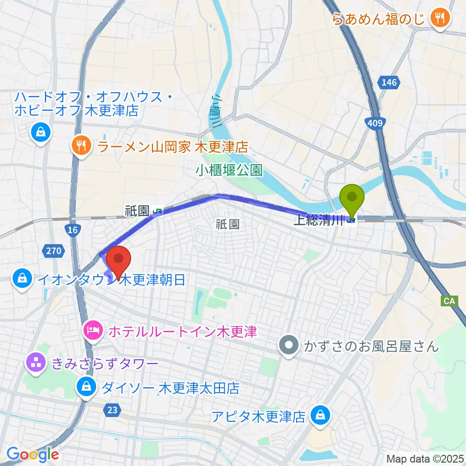 上総清川駅から木更市営野球場へのルートマップ地図