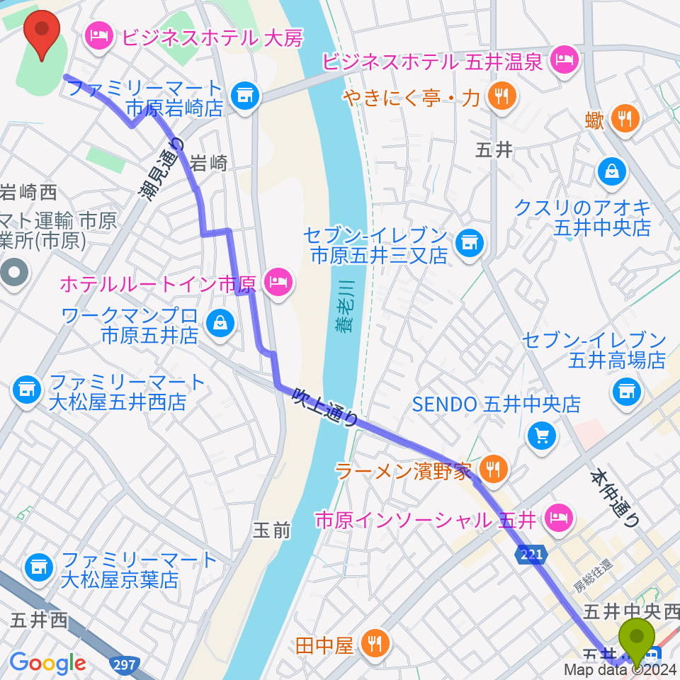 ゼットエーオリプリスタジアムの最寄駅五井駅からの徒歩ルート（約39分）地図