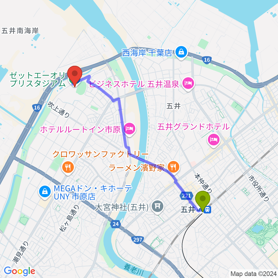 ゼットエーオリプリスタジアムの最寄駅五井駅からの徒歩ルート（約40分）地図