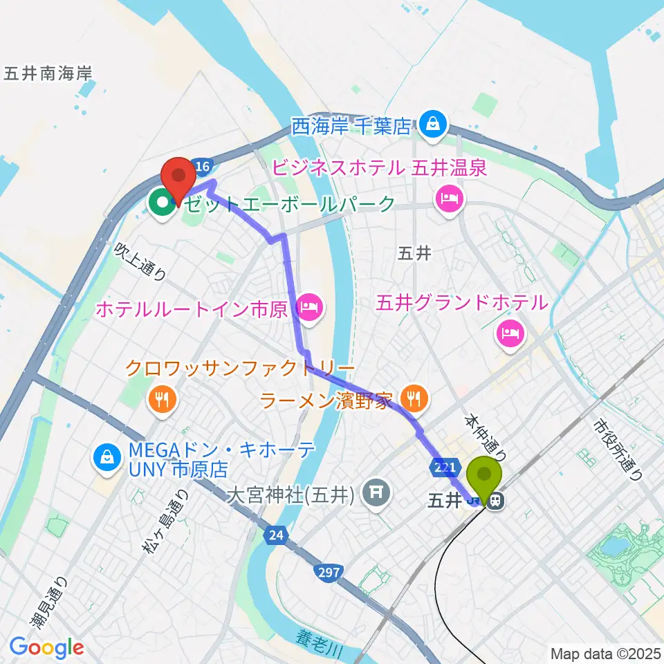 ゼットエーオリプリスタジアムの最寄駅五井駅からの徒歩ルート（約40分）地図