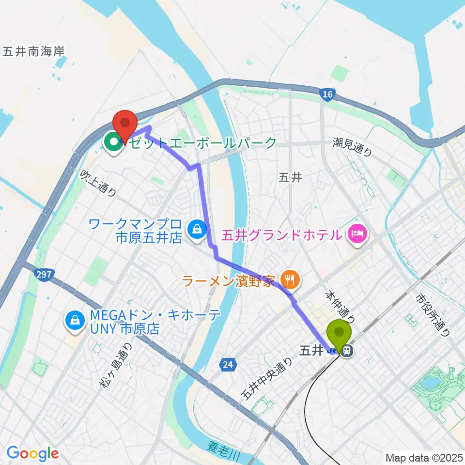 ゼットエーオリプリスタジアムの最寄駅五井駅からの徒歩ルート（約40分）地図