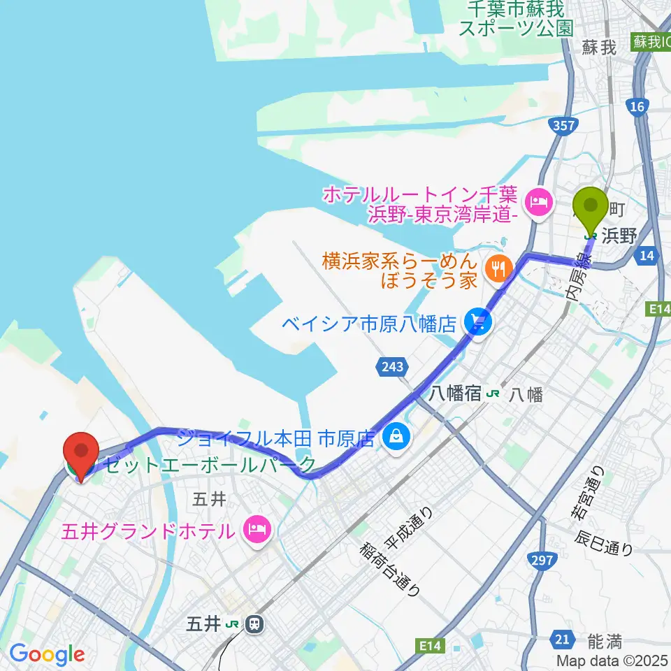 浜野駅からゼットエーボールパークへのルートマップ地図