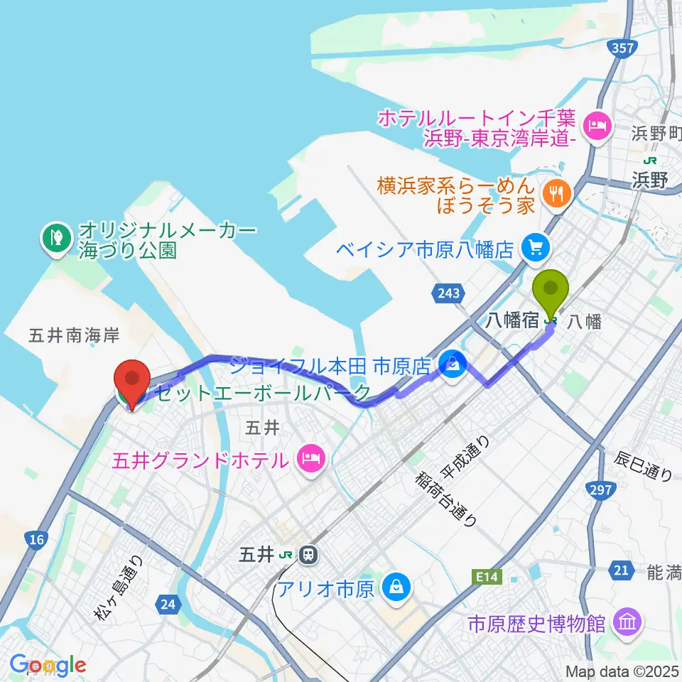 八幡宿駅からゼットエーボールパークへのルートマップ地図