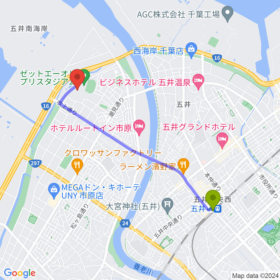 ゼットエーボールパークの最寄駅五井駅からの徒歩ルート（約40分）地図