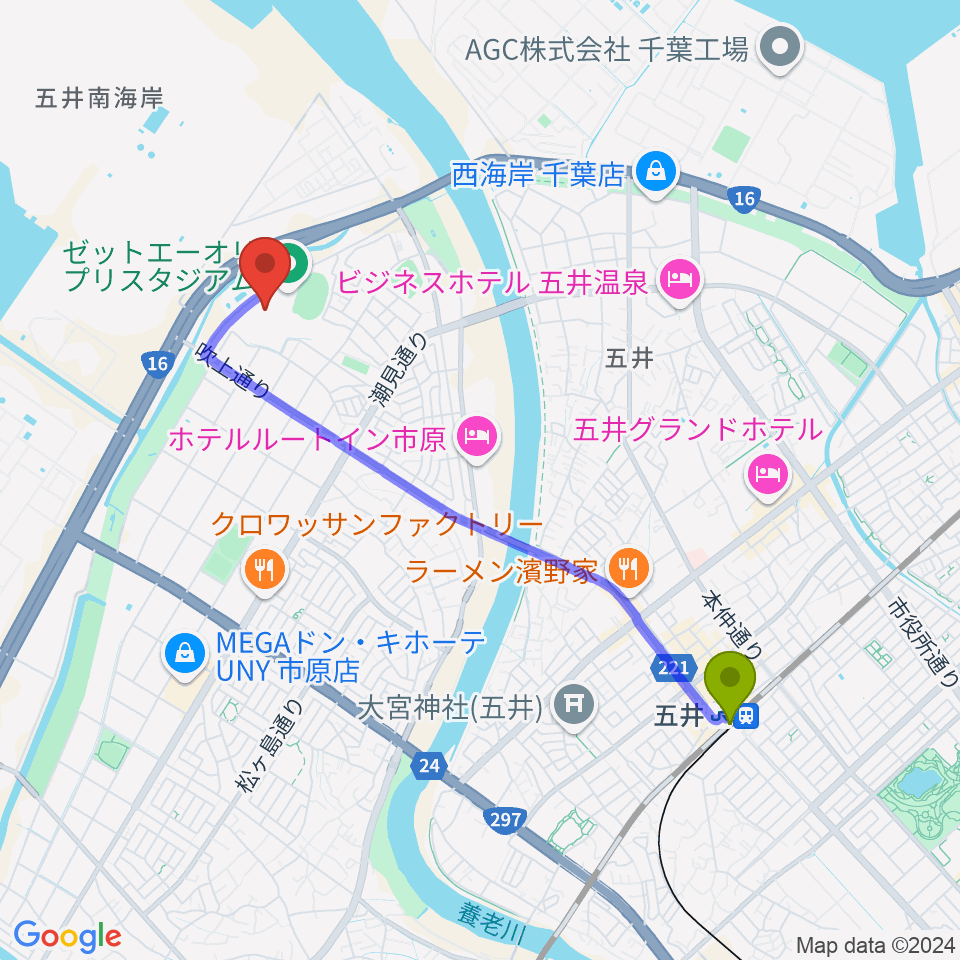 ゼットエーボールパークの最寄駅五井駅からの徒歩ルート（約40分）地図