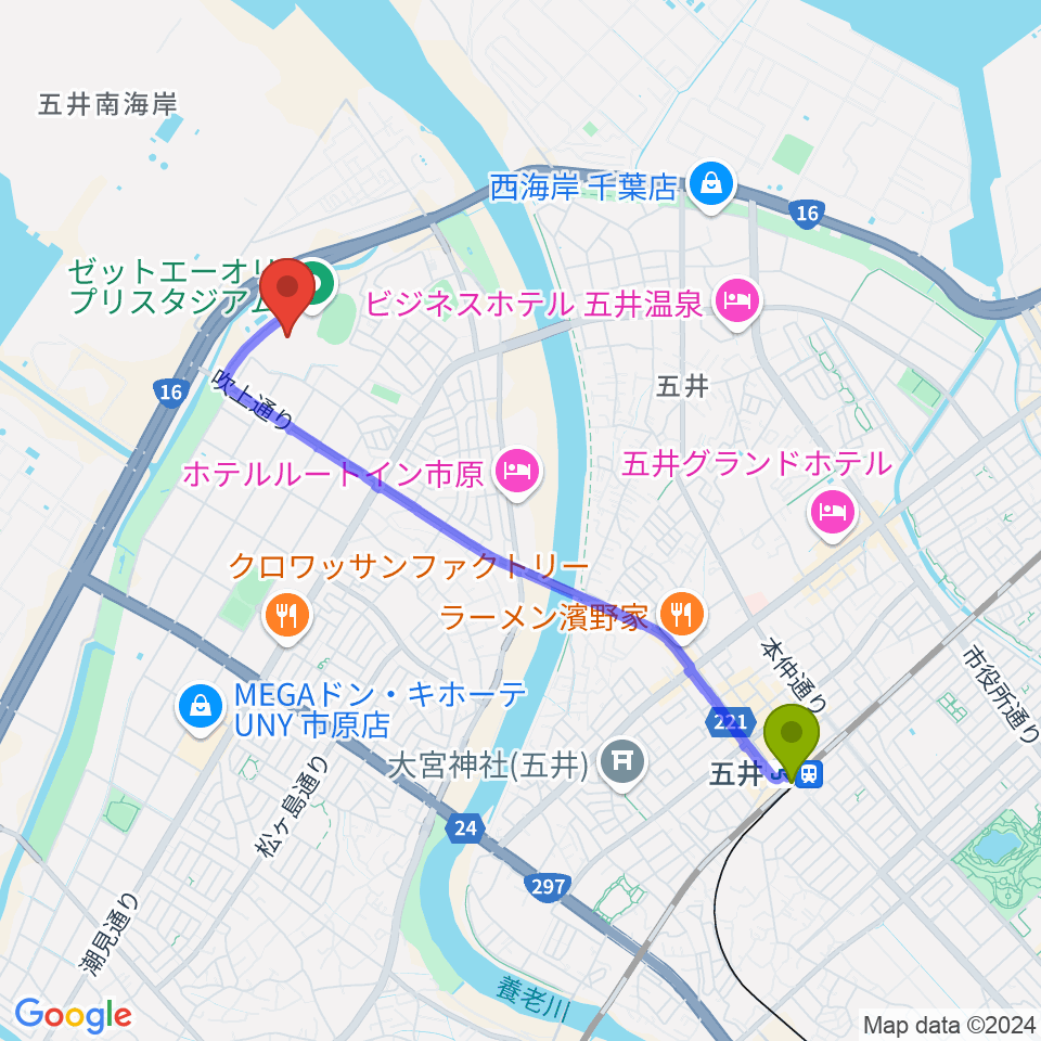 ゼットエーボールパークの最寄駅五井駅からの徒歩ルート（約40分）地図