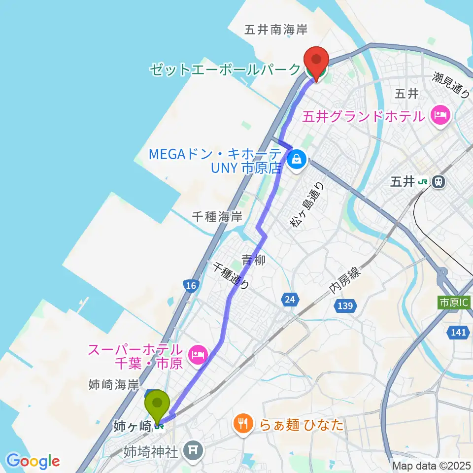 姉ケ崎駅からゼットエーボールパークへのルートマップ地図